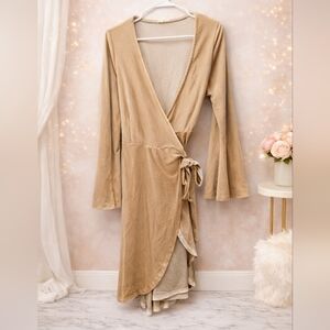Easel Medoum Velvet Beige Wrap Midi Dress with Bell Sleeves